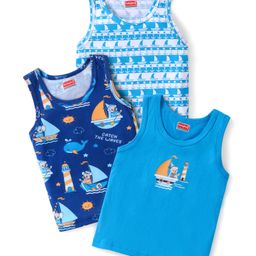 Babyhug 100% Cotton Knit Sleeveless Sandos Sea Theme Print Pack of 3 - Blue-image-59