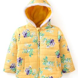Babyhug Woven Full Sleeves Padded Hooded Jacket with Quilted Design & Flowers Print - Yellow-image-37