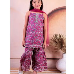Junitos Pure Cotton Sleeveless Floral Printed Kurta Sharara With Dupatta-Pink-image-59