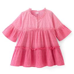 Babyhug Rayon Woven Full Sleeves Swiss Dot Tiered Frock With Ombre Detailing - Pink-image-73