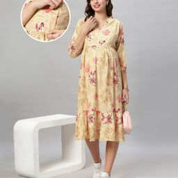 Mamma's Maternity Rayon Three Fourth Sleeves Floral Printed Maternity Dress With Concealed Zipper For Nursing Access - Mustard Yellow-image-40