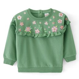 Babyhug Cotton Knit Full Sleeves Pullover Sweatshirt with Floral Embroidery & Frill Detailing - Green-image-28