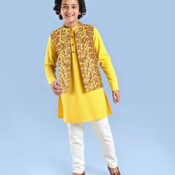Pine Kids Viscose Woven Full Sleeves Solid Kurta Pyjama Set with Floral Printed Jacket - Yellow-image-82