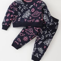 Doreme Cotton Knit Full Sleeves Butterfly Printed Crop Top & Lounge Pants Co-Ord Set - Black-picture-9