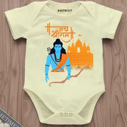 KNITROOT Dussehra Theme Half Sleeves Jai Shree Ram Text Printed Onesie - Yellow-picture-21