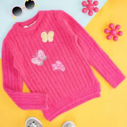 Pantaloons Junior Cotton Full Sleeves Sequins Embellished Butterflies Designed Sweater - Fuchsia-image-50