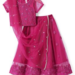 Babyhug Woven Half Sleeves Choli Lahenga Set With Dupatta & Floral Embroidered - Dark Pink-image-12