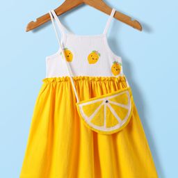 Babyhug Single Jersey Knit Sleeveless Frock with Sling Bag & Lemon Print - Yellow & White-image-69