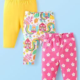 Babyhug Cotton Lycra Knit Three Fourth Length Leggings With Floral Print Pack of 3 - Yellow White & Pink-image-38