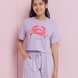 Lil Tomatoes Cotton Jersey Knit Half Sleeves Crab Printed & Striped Night Suit Set - Lilac-image-31