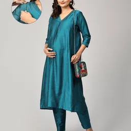 The Mom Store Silk Three Fourth Sleeves Solid Maternity Kurta With Nursing Access & Salwar Set - Teal-picture-6