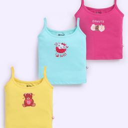 MOONKIDS 100% Cotton Knit Pack Of 3 Sleeveless Teddy Bear & Cat Printed Camisoles - Fuchsia Yellow & Blue-image-23
