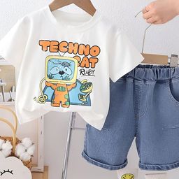 Googo Gaaga Cotton Half Sleeves Space Theme Printed Tee & Shorts Set - White-image-60