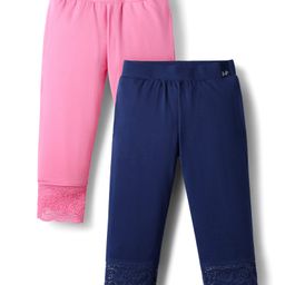 Honeyhap Premium Cotton Elastane Knit Three Fourth Leggings With Bio Finish & Lace Detailing Pack of 2 - Navy Peony & Sachet Pink-picture-17