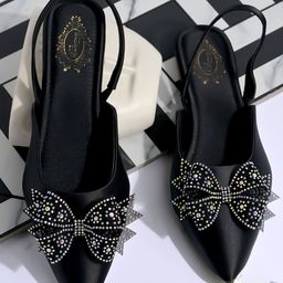 Shoetopia Sequins Embellished Bow Designed Mule Sandals - Black-image-38