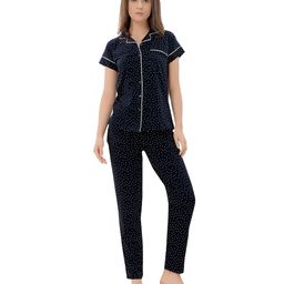 Piu Cotton Knit Half Sleeves Polka Dots Printed Coordinating Maternity Night Suit Set - Blue-image-44