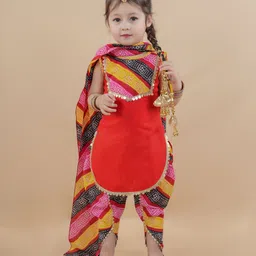 Titrit Cotton Woven Sleeveless Bandhani Designed Gota Lace Embellished Kurta Dhoti With Dupatta Set - Red-picture-18