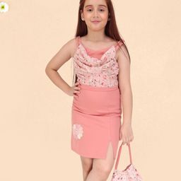 Cutecumber Georgette Woven Sleeveless Floral Printed & Embroidered Dress With Sling Bag - Peach-image-73