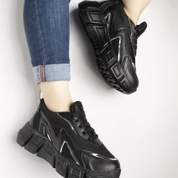 Shoetopia Mesh Detailed Lace Up Sneakers - Black-image-51