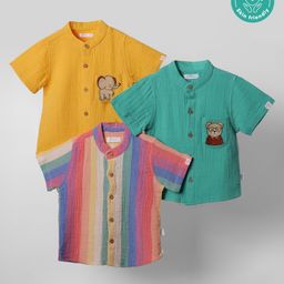 Greendeer 100% Softner Washed Muslin Cotton Woven Pack Of 3 Half Sleeves Striped & Baby Animals Embroidered Shirts - Green Yellow & Multi Colour-image-41