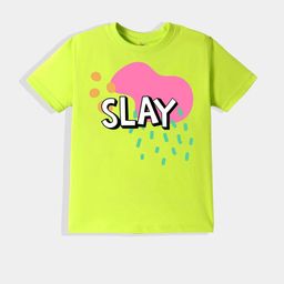 KAVEE Pure Cotton Half Sleeves Slay Text Printed Bio Washed Tee - Neon Green-51