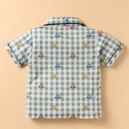 Smarty Boys Sinker Knit Half Sleeves Front Open Night Suit With Checks & Vehicle Print - Green image 3
