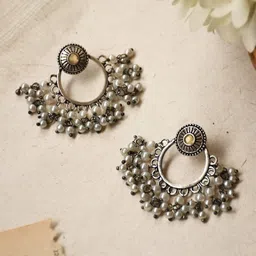 NAMAN ARTS Silver-Plated Artificial Stones Studded And Beaded Oxidised Drop Earrings-8