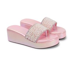 STEPIZIA Women Pink Pearls Embellished Synthetic Open Back Wedges-image-57