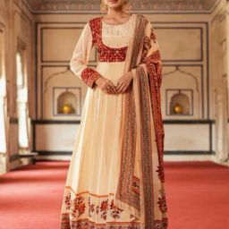 SCAKHI Cream Crepe Silk Embellished Koti Style Anarkali Gown With Dupatta-image-4
