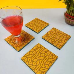 Crayton Yellow Wooden Abstract Printed Square Coasters - Set of 4-98