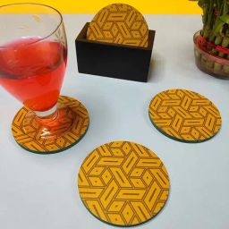 Crayton Yellow Wooden Abstract Printed Round Coasters with Holder - Set of 6-84