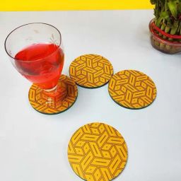 Crayton Yellow Wooden Abstract Printed Round Coasters - Set of 4-64
