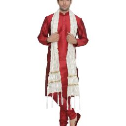 VASTRAMAY Maroon Straight Fit Self Pattern Kurta Churidar With Dupatta-image-13