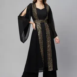 Cottinfab Georgette Black Embellished Double Layered Dress Palazzo Set-image-11
