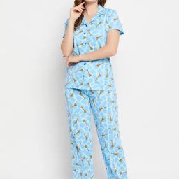 Clovia Blue Printed Shirt With Pyjamas-image-62