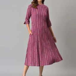 W Pink Cotton Striped A-Line Dress-image-40