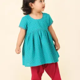 Fabindia Kids Teal Blue & Pink Cotton Printed Kurta Set-image-1