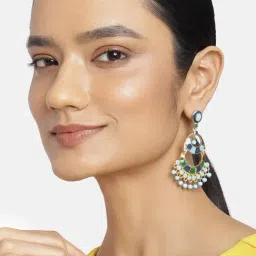 Estele Gold-Plated Chand Bali Earrings with Blue & Green Enamel for Women-image-13