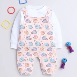 Bumzee Kids Peach & White Printed Full Sleeves T-Shirt with Dungaree-image-14