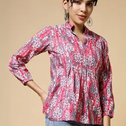 Womenster Women Floral Print Mandarin Collar Cotton Top-picture-6