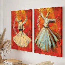 Art Street Red Sufi Dancer Islamic Religious Stretched Canvas Paintings - Set of 2-17