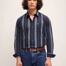 The Bear House Blue Cotton Slim Fit Striped Shirt-image-2