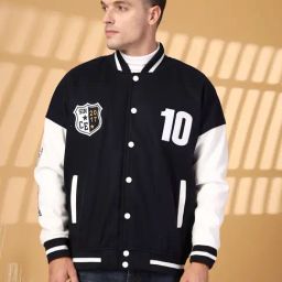 Chkokko Navy Blue Relaxed Fit Colourblocked Bomber Jackets-image-45