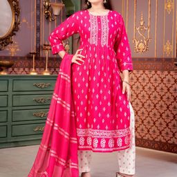 Aarika Girls Ethnic Motifs Printed Pleated Kurta with Trousers & With Dupatta-picture-44