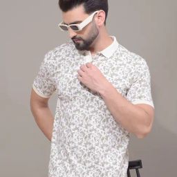 Crimsoune Club Olive Cotton Slim Fit Floral Polo T-Shirt-image-45