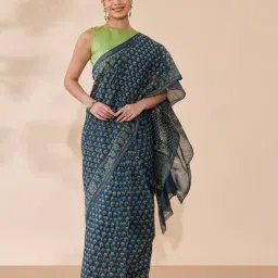 Taneira Blue Printed Saree With Unstitched Blouse-image-3