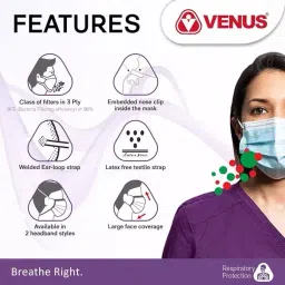 Venus Unisex Melt Blown Layer Disposable Mask with Super Soft Elastic and Nose Clip (Pack of 50) image 3