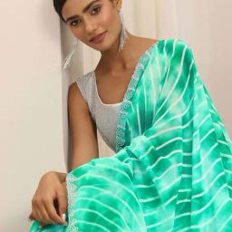 Libas Green Printed Saree with Unstitched Blouse image 4