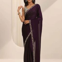 Libas Wine Saree with Unstitched Blouse-image-1