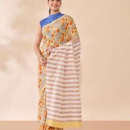 Taneira Light Yellow Floral Saree With Unstitched Blouse-picture-4